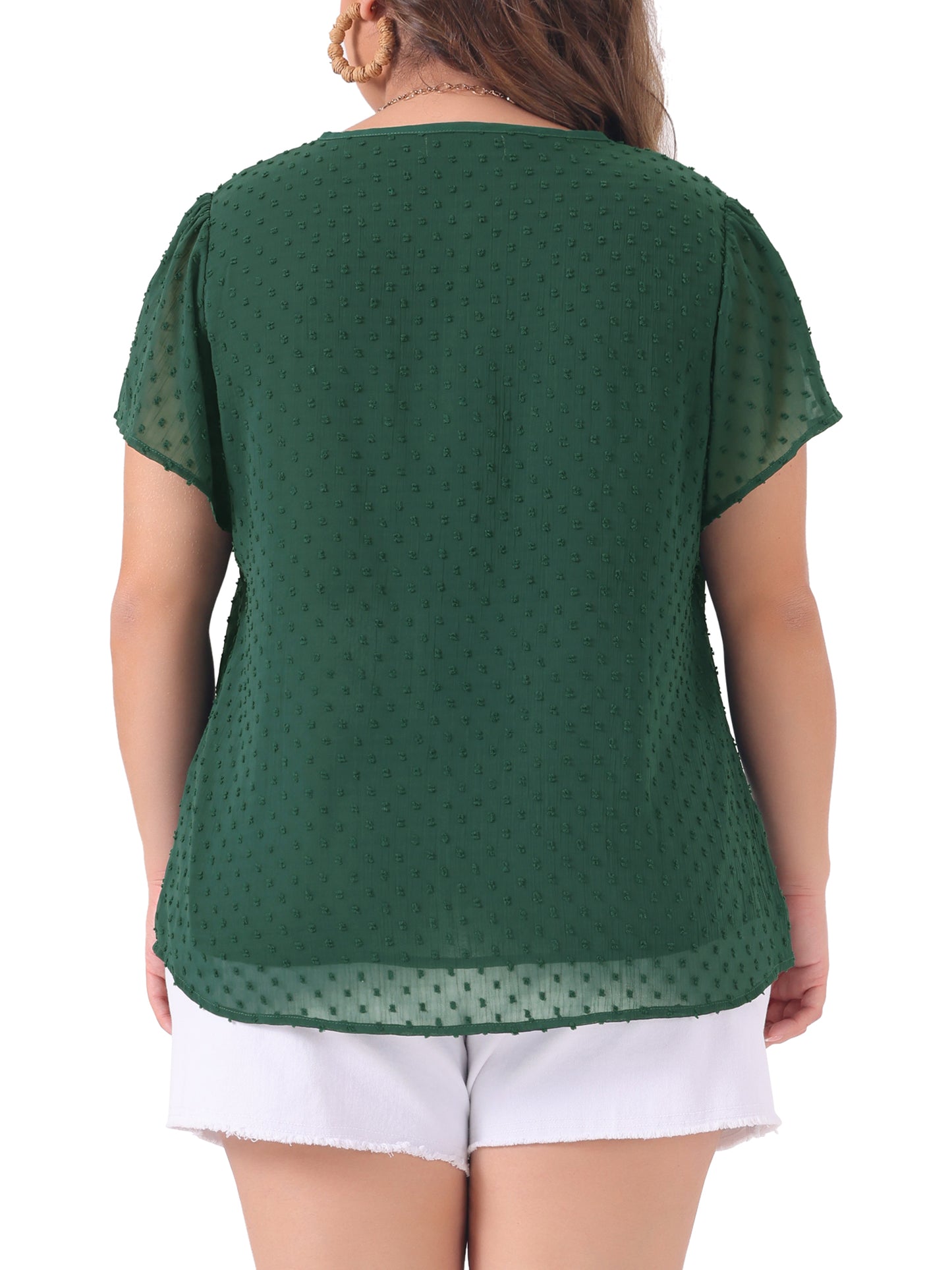 Women Plus Size Blouse Summer Pin Dots Smocked Flare Sleeve Top
