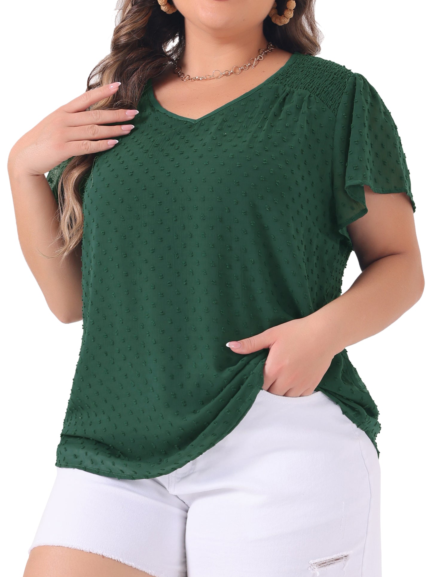 Women Plus Size Blouse Summer Pin Dots Smocked Flare Sleeve Top