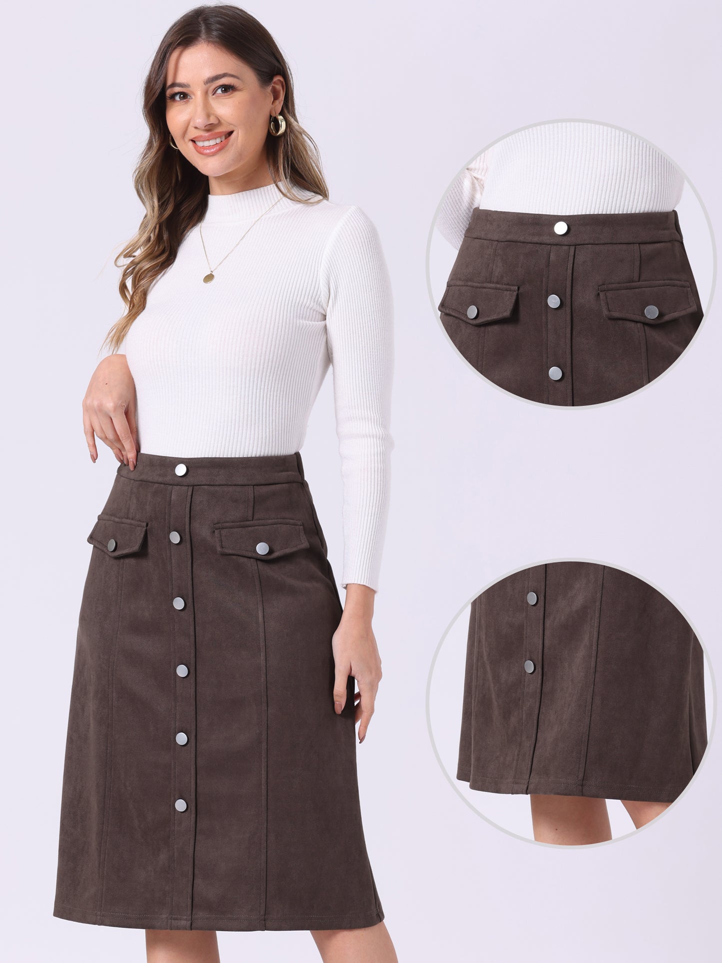 Falda de gamuza sintética para mujer, con botones delanteros, cintura alta, caída hasta la rodilla, faldas de corte A