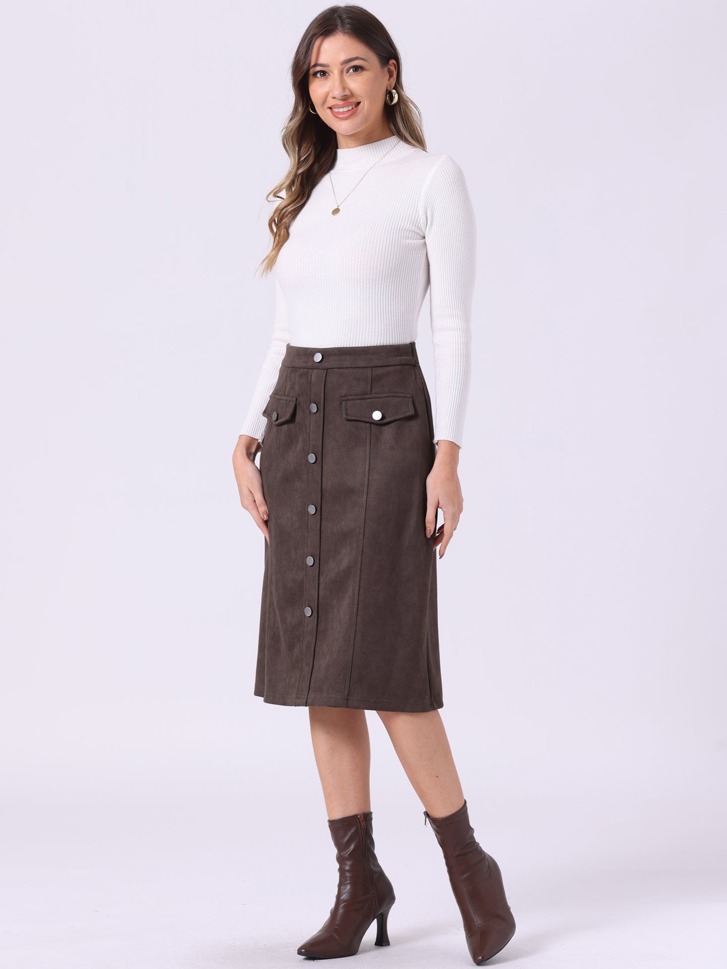 Falda de gamuza sintética para mujer, con botones delanteros, cintura alta, caída hasta la rodilla, faldas de corte A