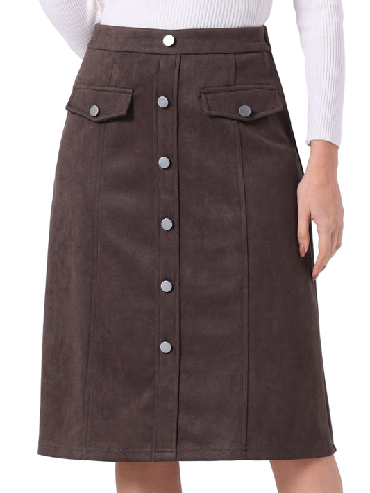 Women's Faux Suede Skirt Button Front High Waist Fall Knee Length A-Line Skirts
