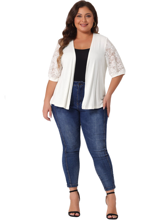 Women Plus Size Elegant Lightweight V Neck Lace Half Sleeve Casual Open Front Cardigans