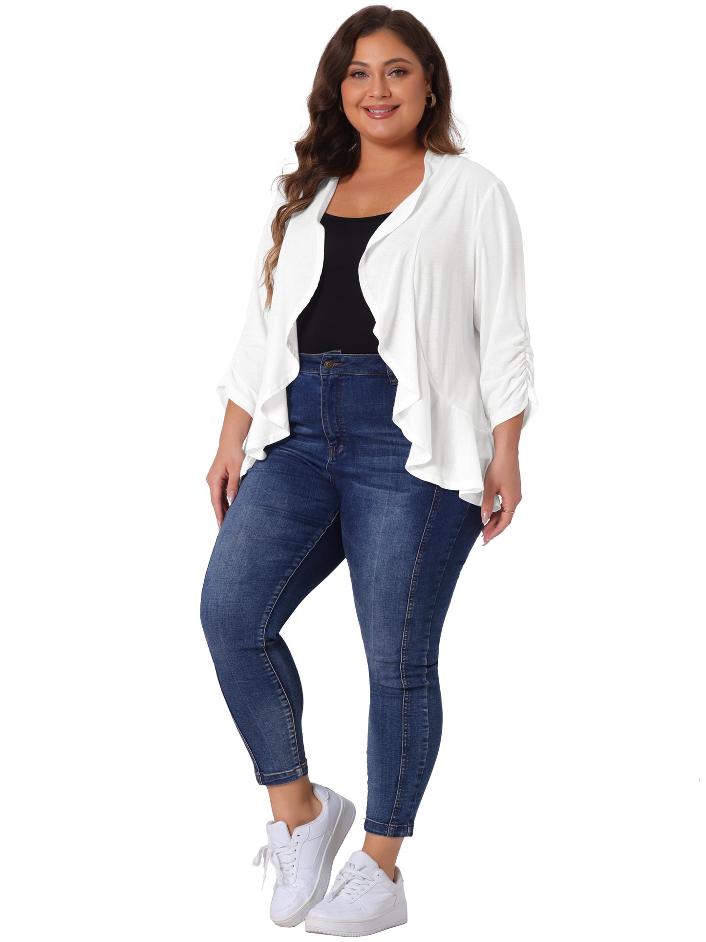 Women Plus Size Cardigan 3/4 Sleeve Open Front Cropped Shrug Bolero Jacket