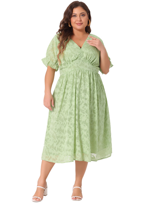Women Plus Size Dress Casual V Neck Bubble Short Sleeve Semi Sheer Swing Flowy Summer Dresses