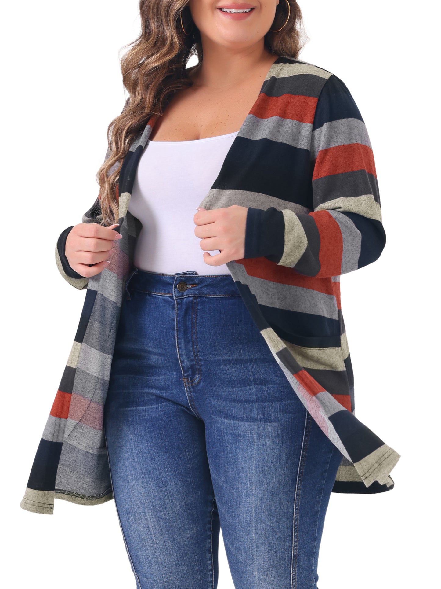 Women Plus Size Cardigan Open Front Long Sleeve Contrast Color Stripe with Pocket Cardigans