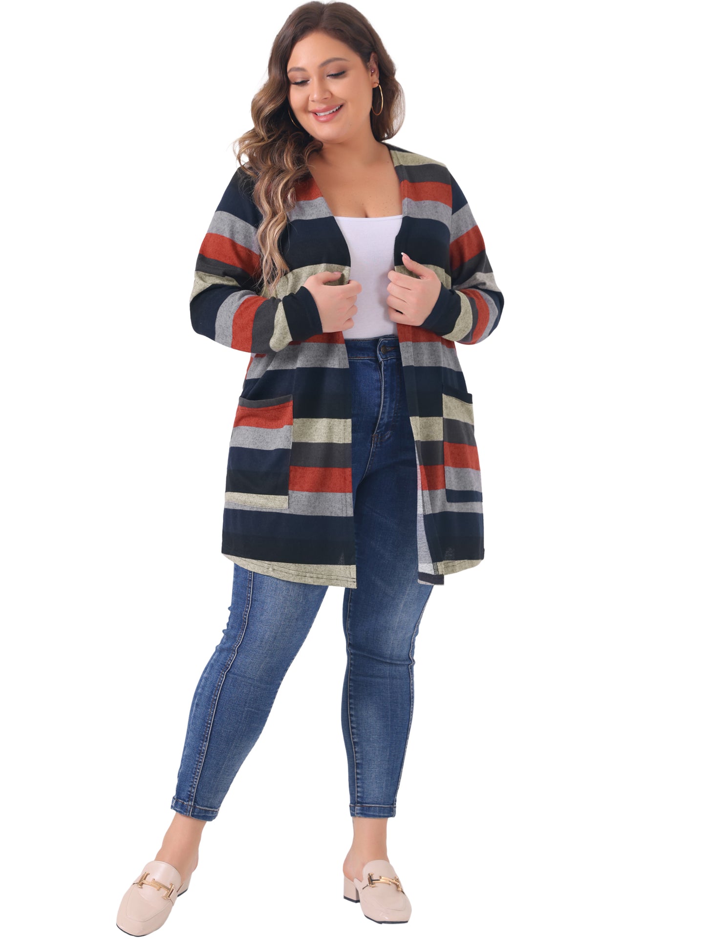 Women Plus Size Cardigan Open Front Long Sleeve Contrast Color Stripe with Pocket Cardigans