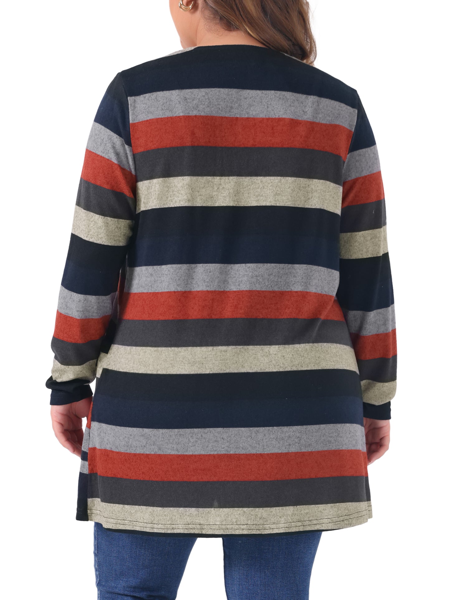 Women Plus Size Cardigan Open Front Long Sleeve Contrast Color Stripe with Pocket Cardigans