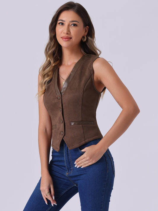 Women's V Neck Faux Suede Button Down Suit Vest