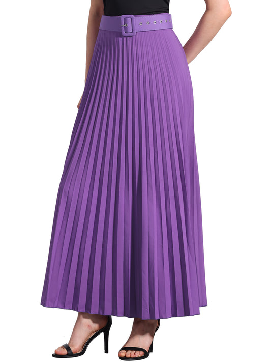 Women's Long Pleated Skirt Elastic High Waist with Belt Swing A-Line Work Maxi Skirt (Available in Plus Size)