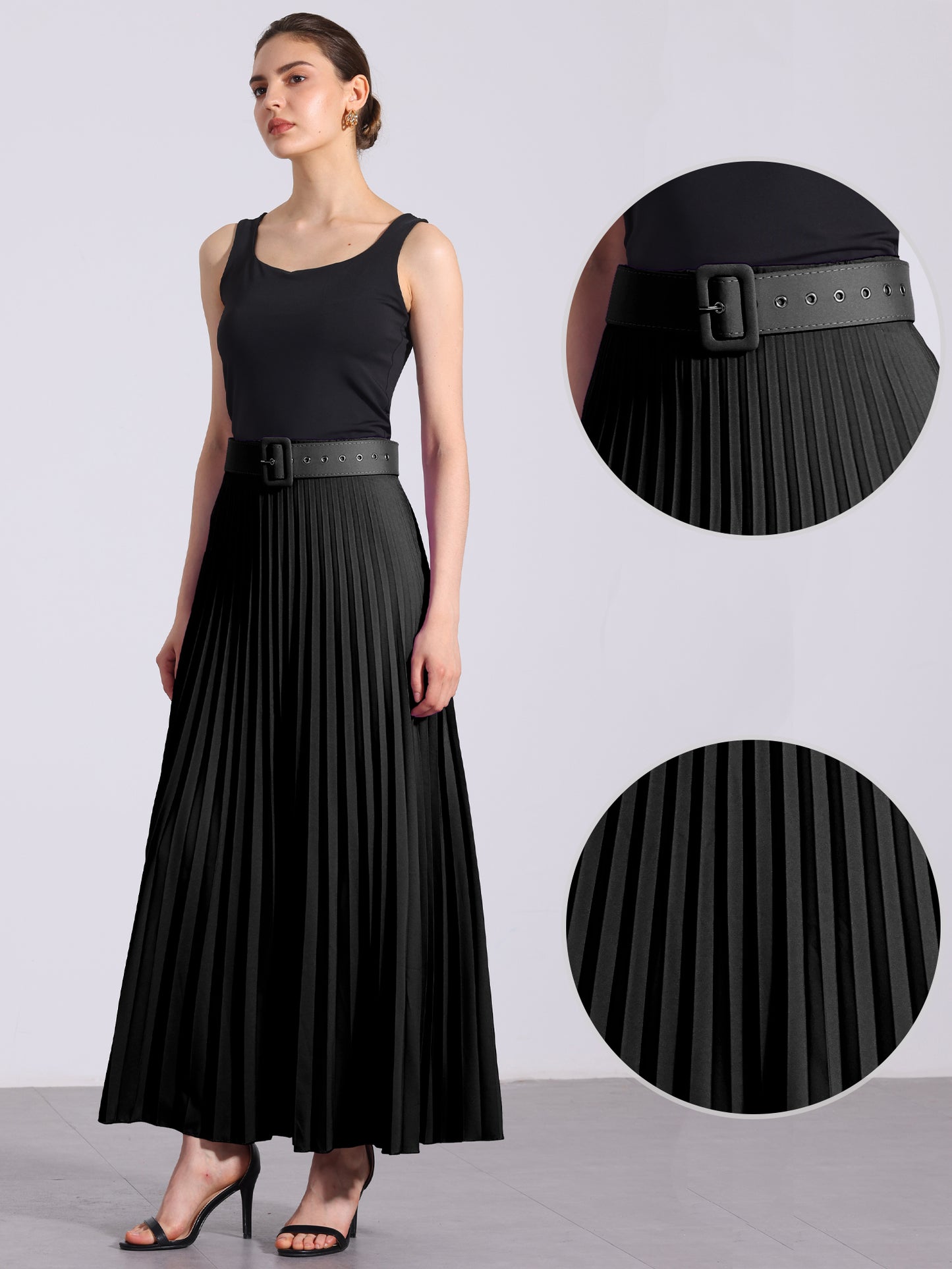 Women's Long Pleated Skirt Elastic High Waist with Belt Swing A-Line Work Maxi Skirt (Available in Plus Size)