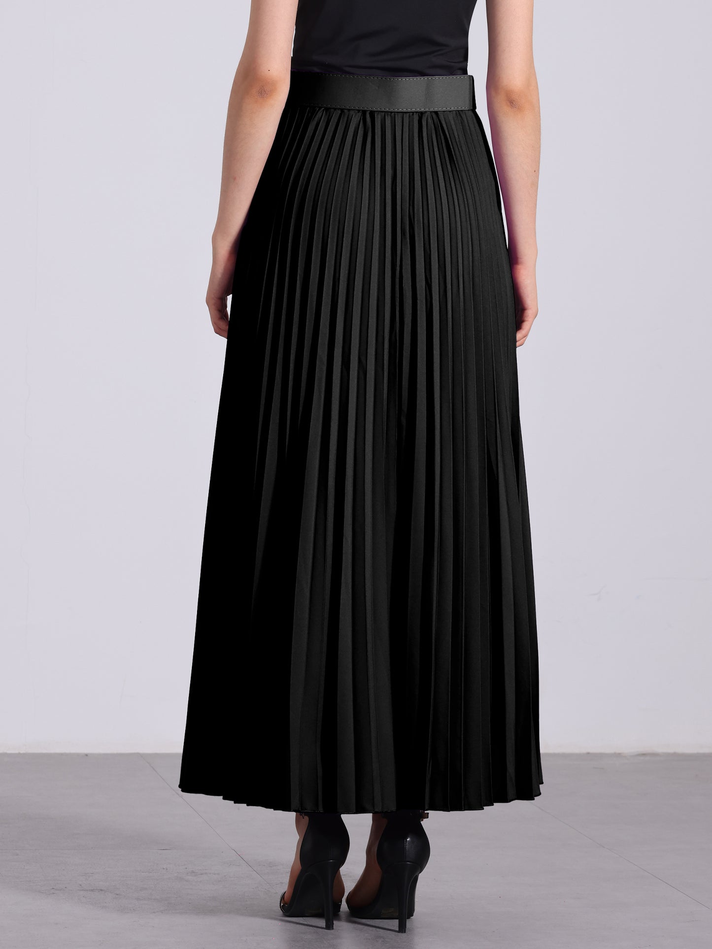 Women's Long Pleated Skirt Elastic High Waist with Belt Swing A-Line Work Maxi Skirt (Available in Plus Size)
