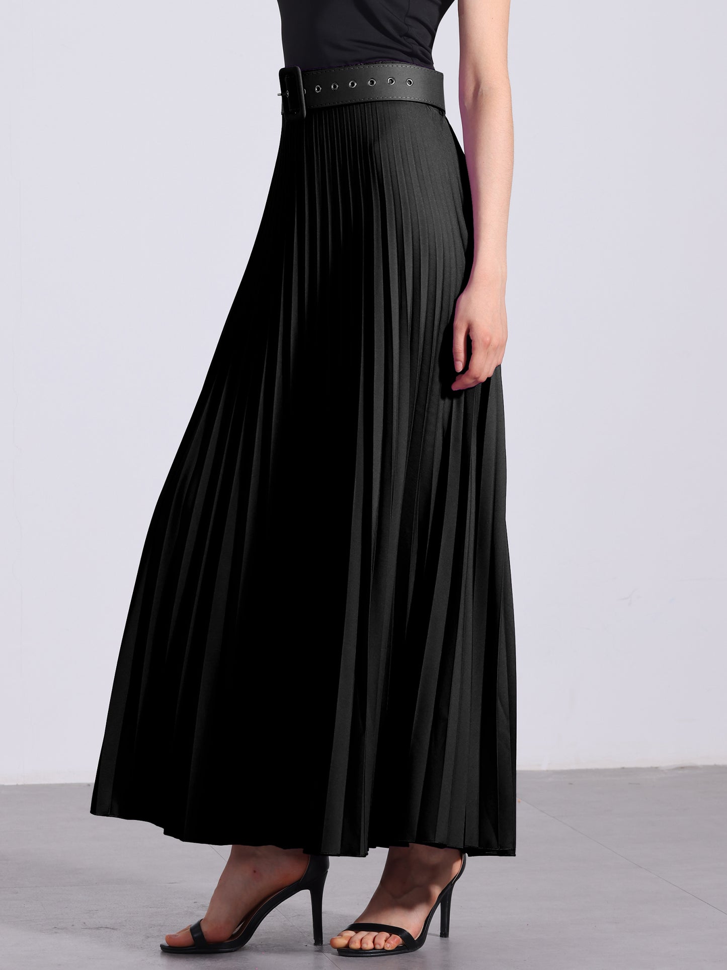 Women's Long Pleated Skirt Elastic High Waist with Belt Swing A-Line Work Maxi Skirt (Available in Plus Size)