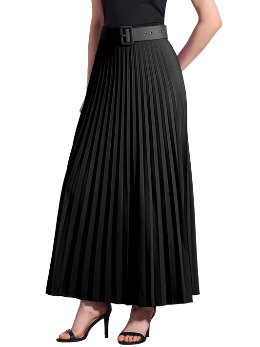 Women's Long Pleated Skirt Elastic High Waist with Belt Swing A-Line Work Maxi Skirt (Available in Plus Size)