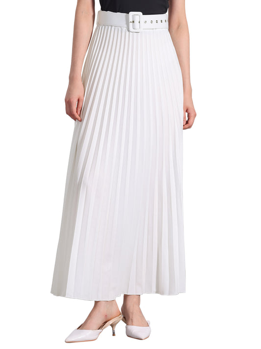 Women's Long Pleated Skirt Elastic High Waist with Belt Swing A-Line Work Maxi Skirt (Available in Plus Size)