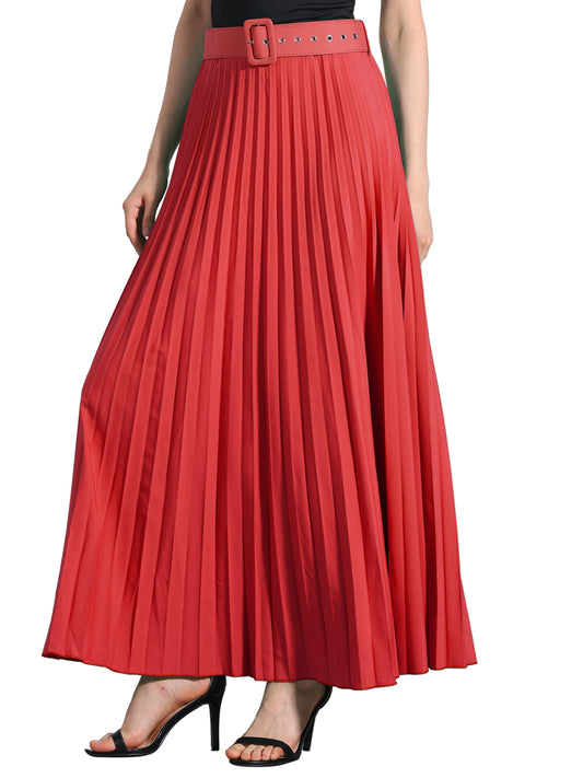 Women's Long Pleated Skirt Elastic High Waist with Belt Swing A-Line Work Maxi Skirt (Available in Plus Size)