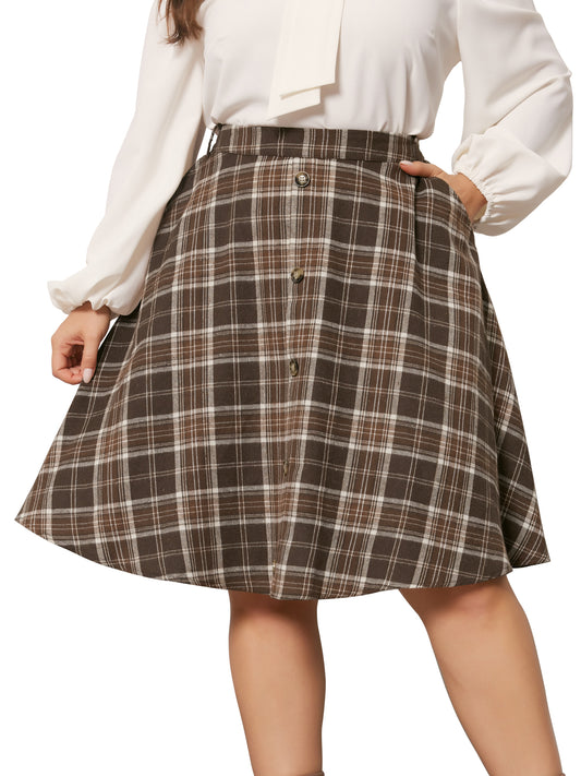 Women Plus Size Vintage Skirt Plaid Elastic High Waist Button Front A-Line Skirt with Pockets