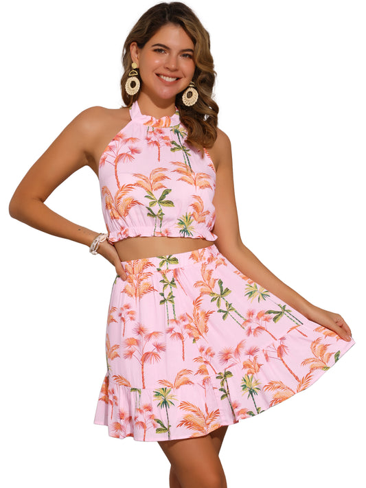 Women's 2 Piece Floral Halter Neck Sleeveless Crop Top with Short Skirt Set