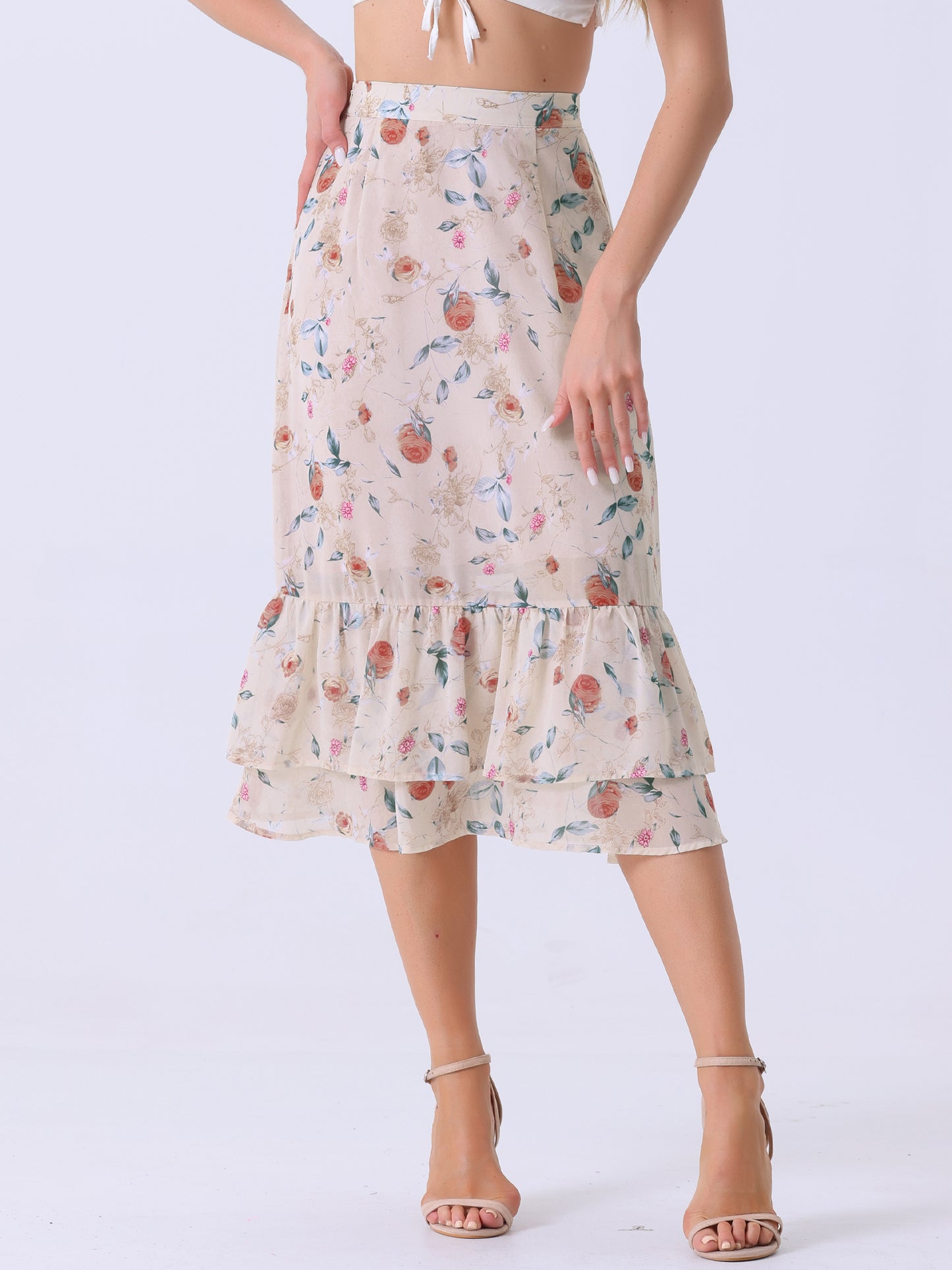 Women's Printed Skirt Summer Chiffon Ruffle Tiered Flowy Midi Skirt