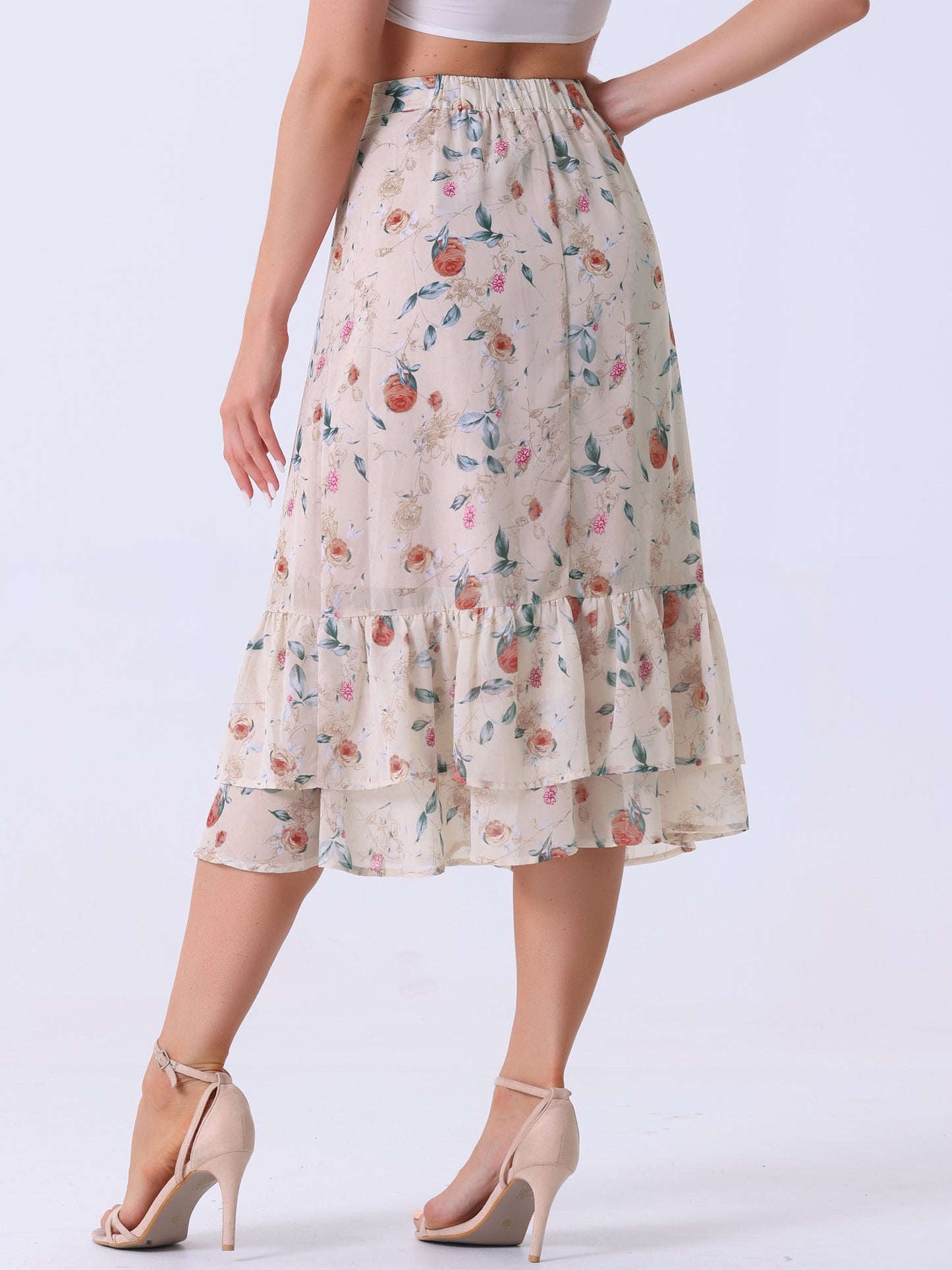 Women's Printed Skirt Summer Chiffon Ruffle Tiered Flowy Midi Skirt