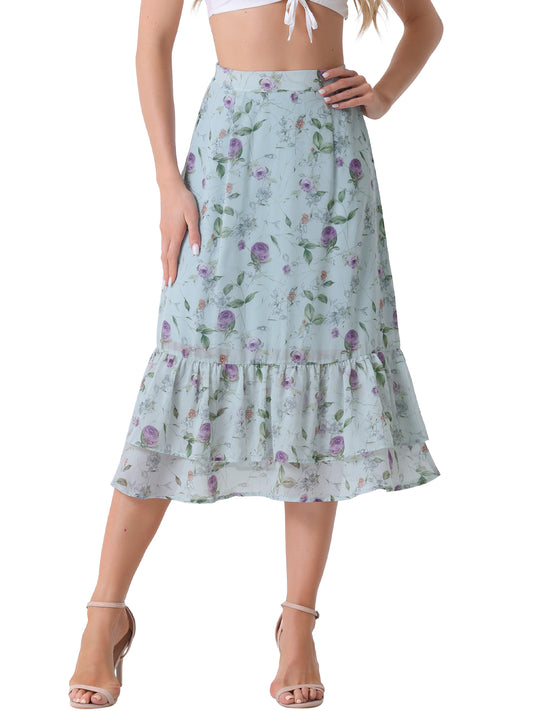 Women's Printed Skirt Summer Chiffon Ruffle Tiered Flowy Midi Skirt