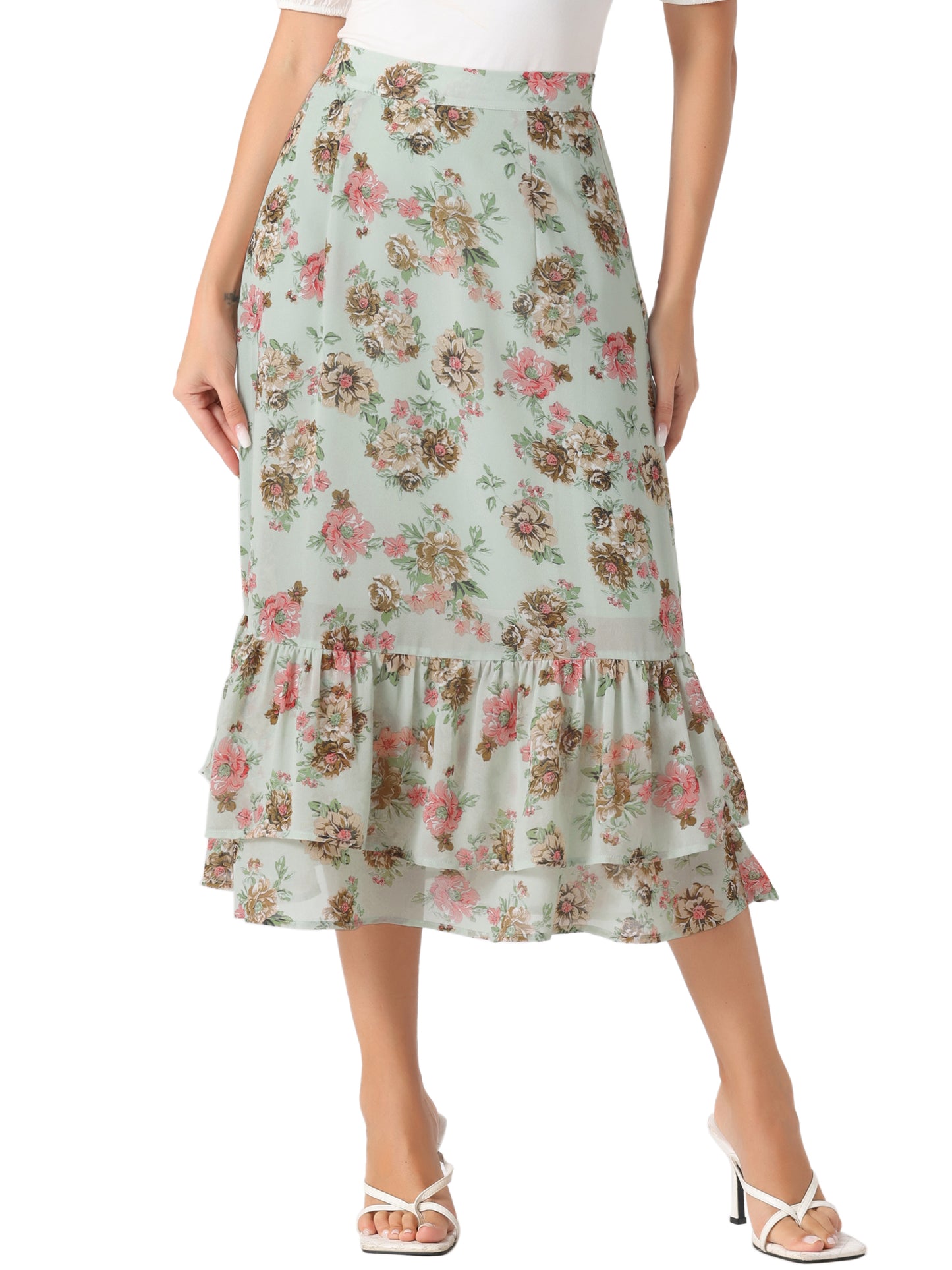 Women's Printed Skirt Summer Chiffon Ruffle Tiered Flowy Midi Skirt