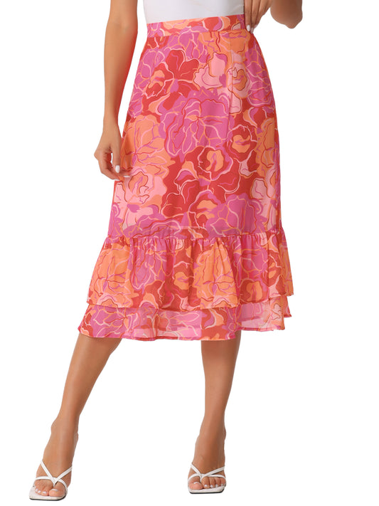 Women's Printed Skirt Summer Chiffon Ruffle Tiered Flowy Midi Skirt
