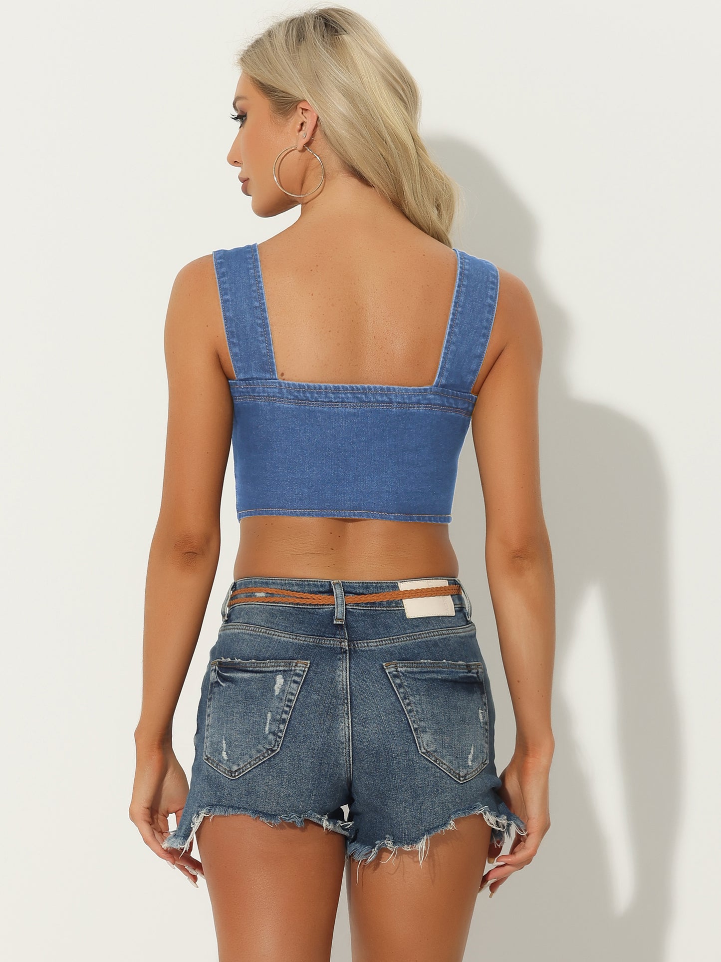 Women's Denim Corset Button Down Sleeveless Bustier Jean Crop Tank Top