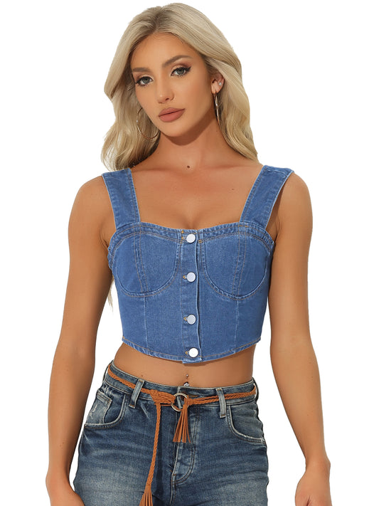 Women's Denim Corset Tops Button Down Sleeveless Bustier Jean Crop Tank Top