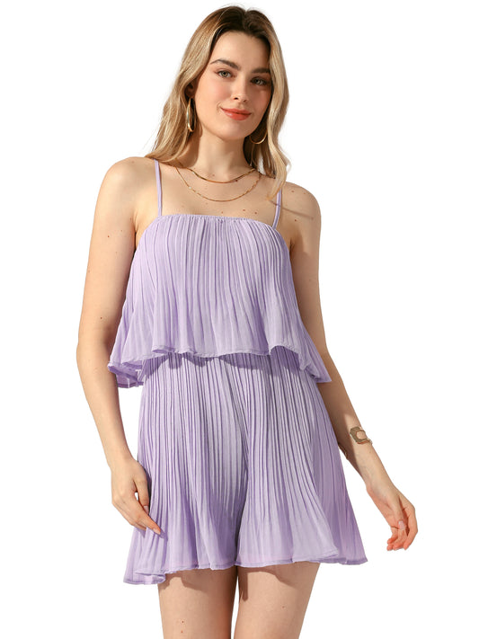 Women's Romper Dress Spaghetti Strap Layer Ruffled Shorts Pleated Jumpsuits