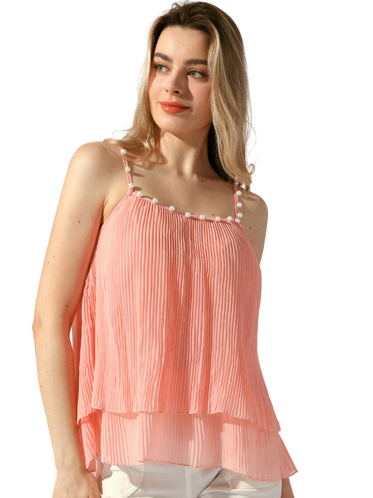 Women's Double-Layer Pleated Ruffle Summer Casual Spaghetti Strap Tank Top