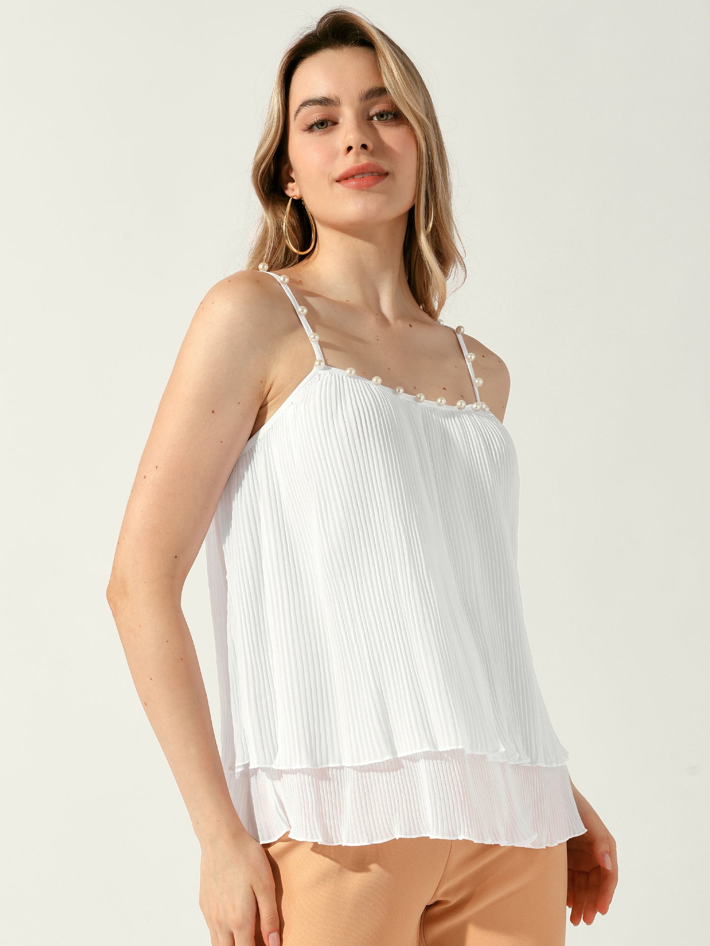 Women's Double-Layer Pleated Ruffle Summer Casual Spaghetti Strap Tank Top