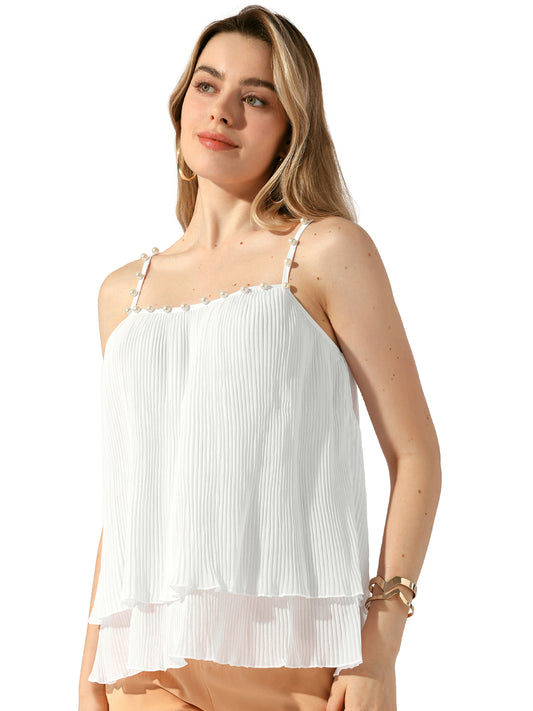Women's Double-Layer Pleated Ruffle Summer Casual Spaghetti Strap Tank Top