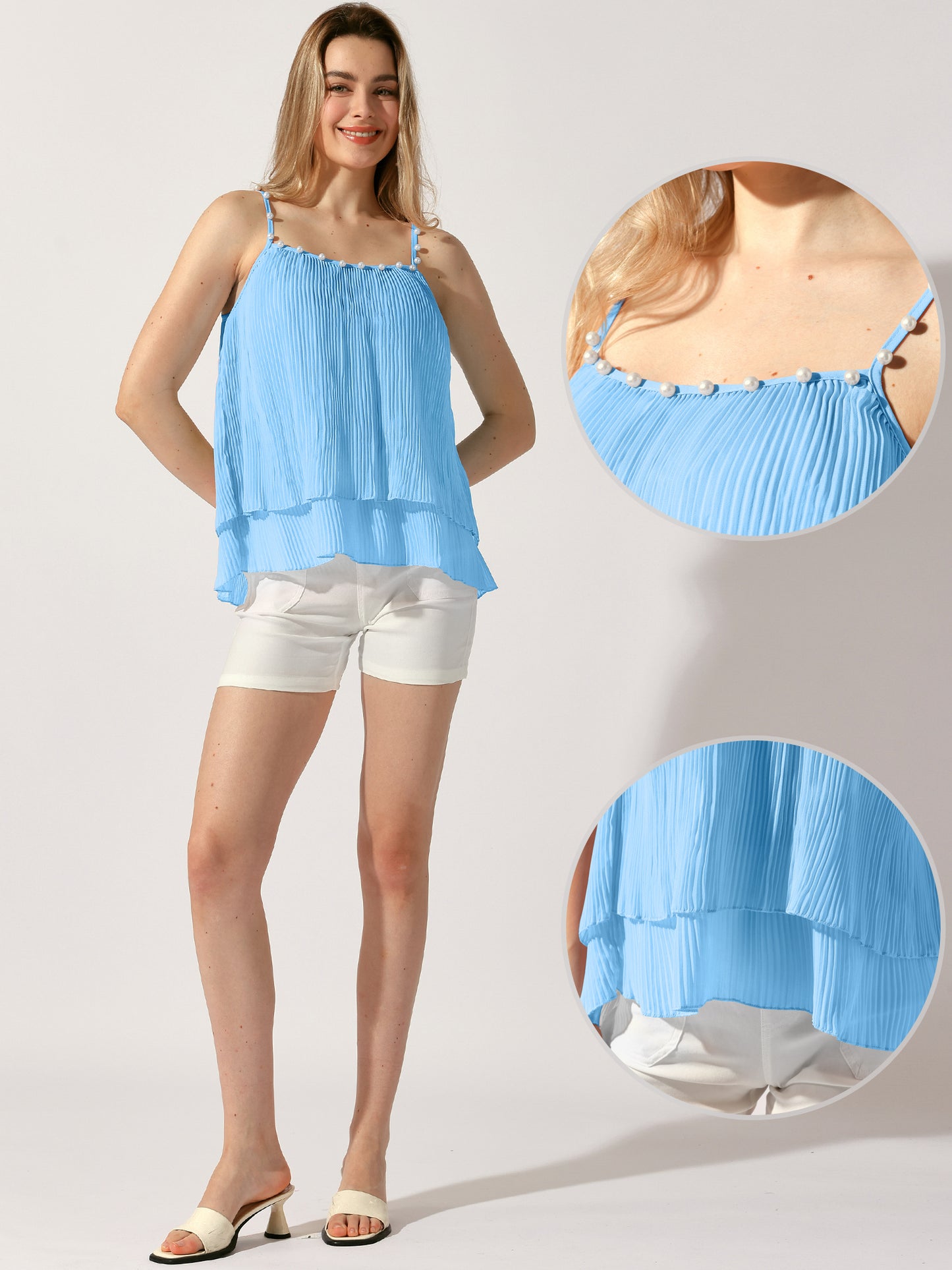 Women's Double-Layer Pleated Ruffle Summer Casual Spaghetti Strap Tank Top