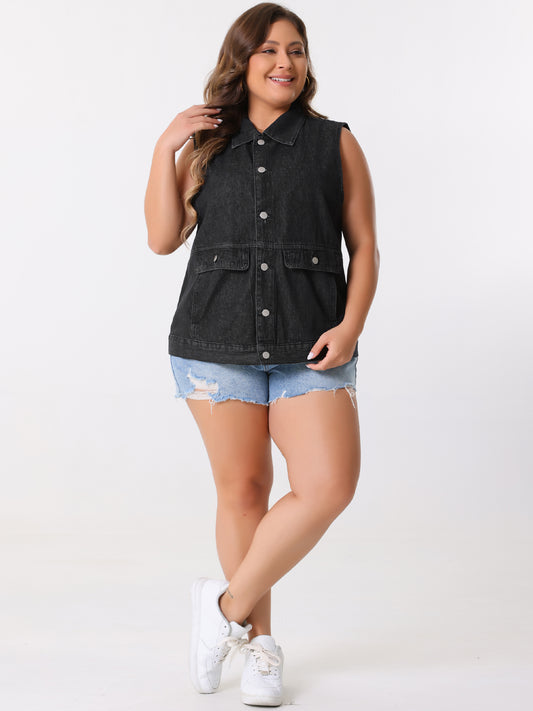 Women's Plus Size Denim Vest Oversized Button Down Sleeveless Waistcoat Shacket