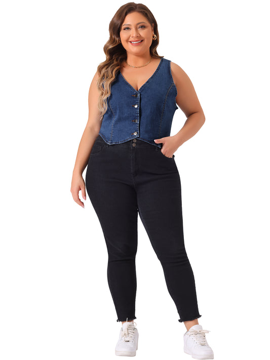 Women Plus Size Denim Vest Sleeveless V Neck Button Down Casual Jean Waistcoat Jacket