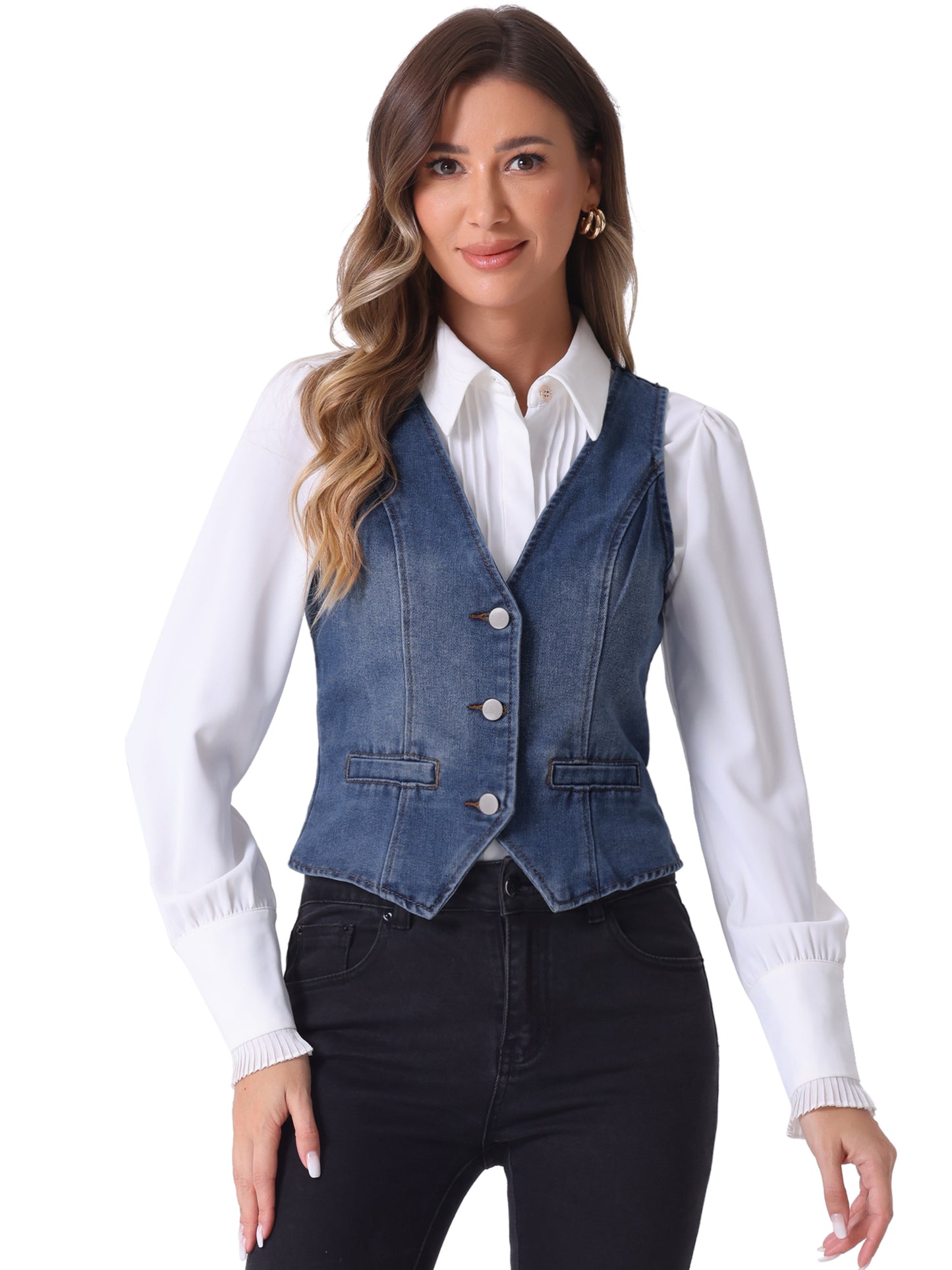 Women's Sleeveless V Neck Button Down Denim Waistcoat Vest (Available in Plus Size)