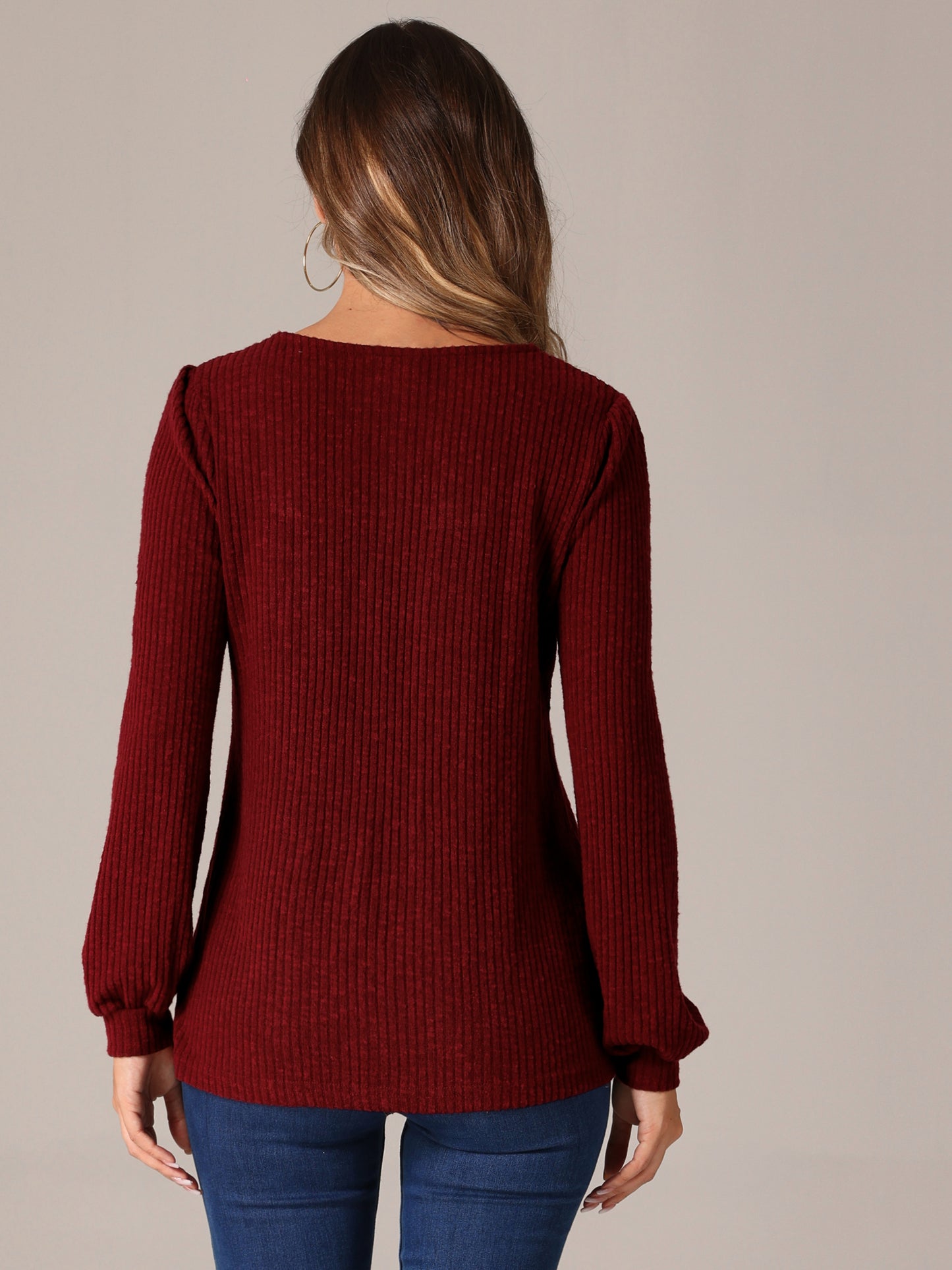 Suéter vintage de cuello cuadrado para mujer, informal, de manga larga abullonada, de punto acanalado