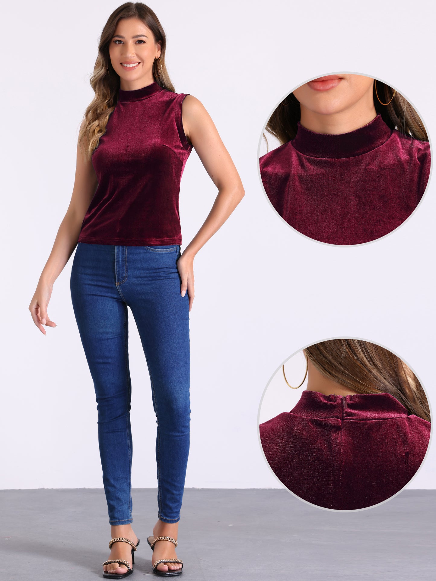 Camiseta sin mangas de terciopelo con cuello alto para mujer