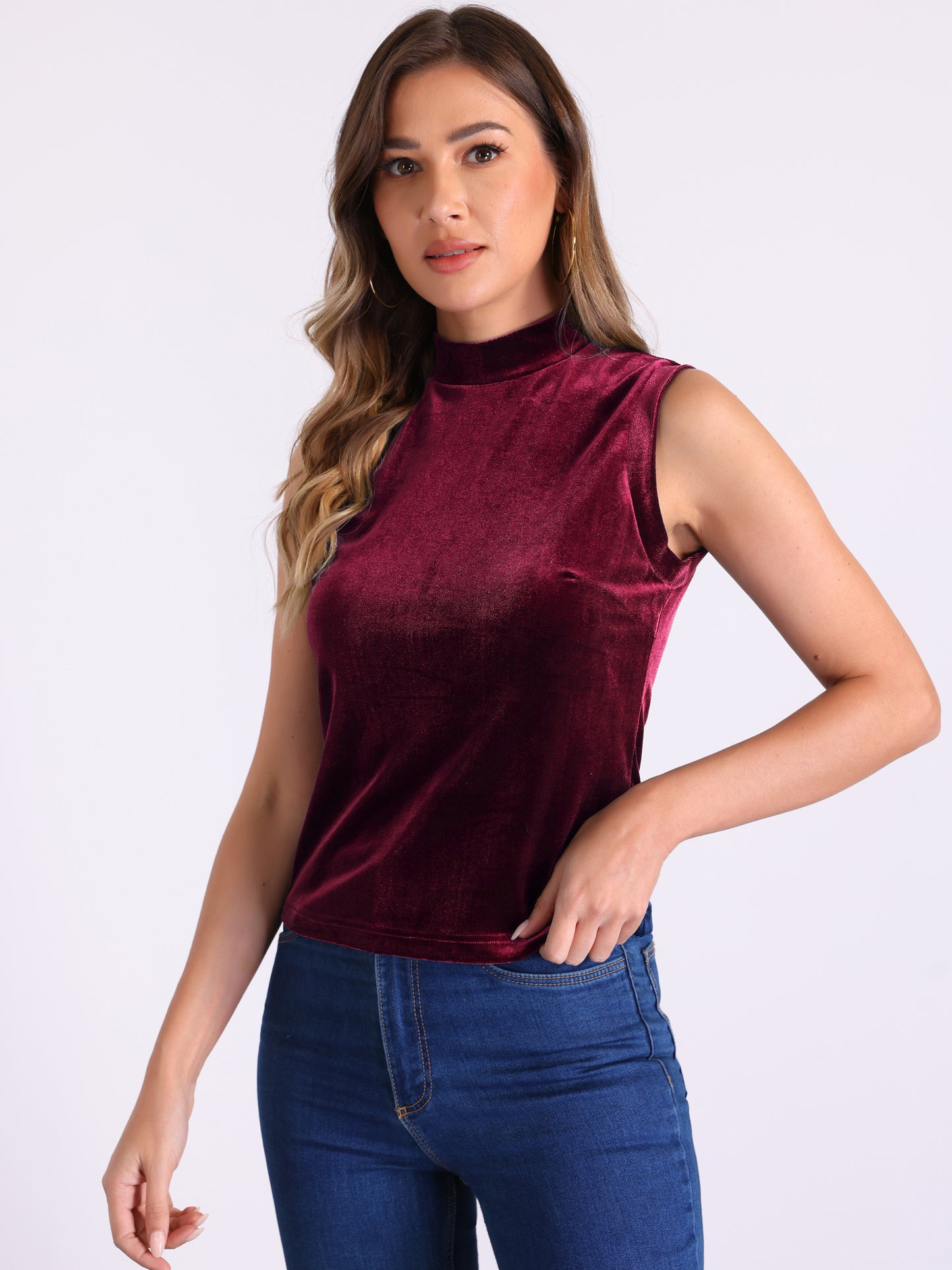 Camiseta sin mangas de terciopelo con cuello alto para mujer