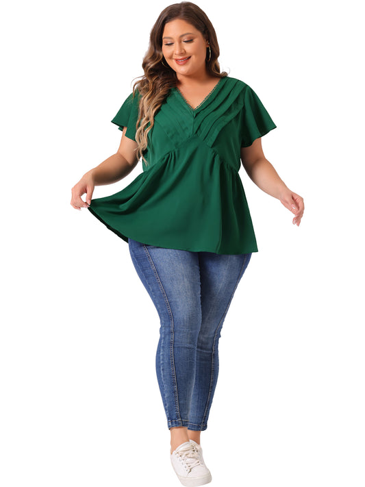 Women Plus Size Top Summer Flare Sleeve V Neck Lace Front Work Peplum Blouse