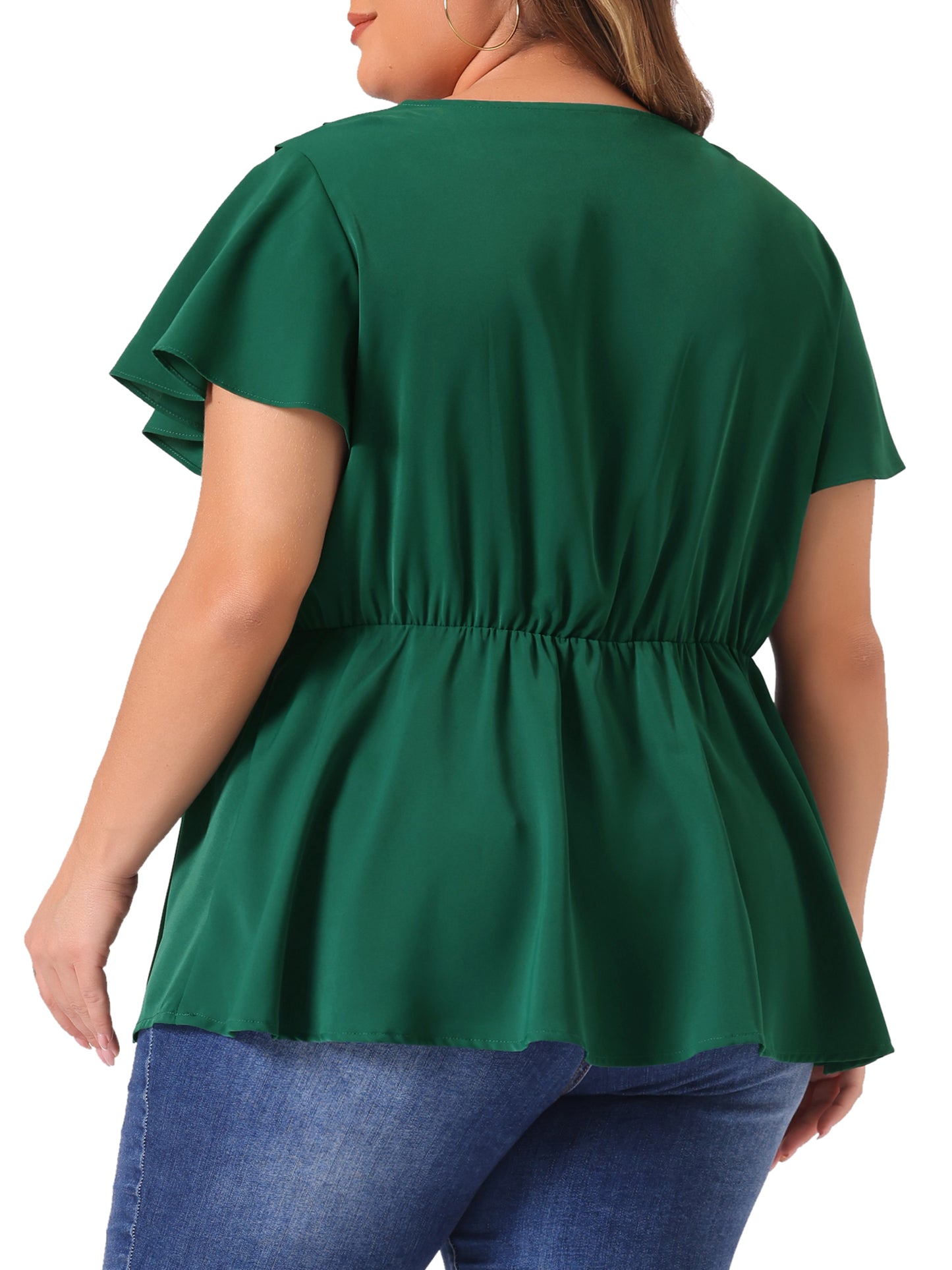 Women Plus Size Top Summer Flare Sleeve V Neck Lace Front Work Peplum Blouse