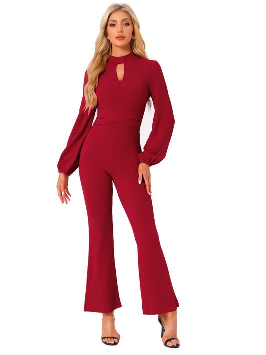 Women's Long Sleeve High Waist Elegant Party Bell Bottom Pants Jumpsuit Dressy Jumpsuits