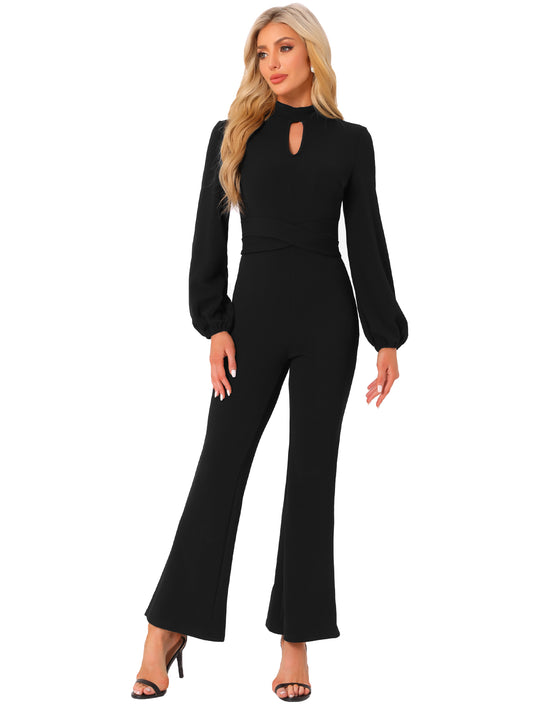 Women's Long Sleeve High Waist Elegant Party Bell Bottom Pants Jumpsuit Dressy Jumpsuits