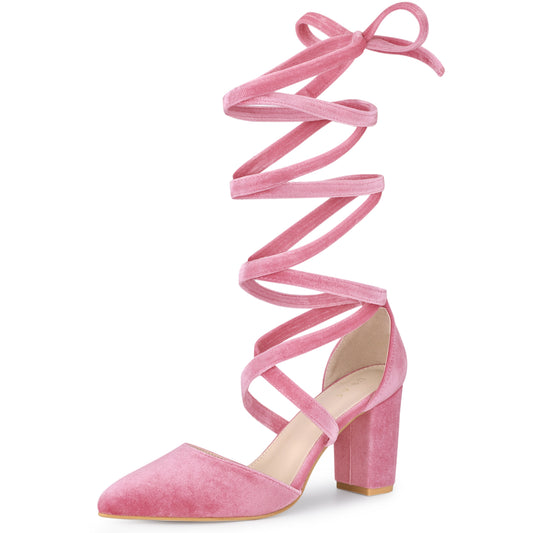 Zapatos de tacón grueso con cordones y punta puntiaguda de terciopelo para mujer