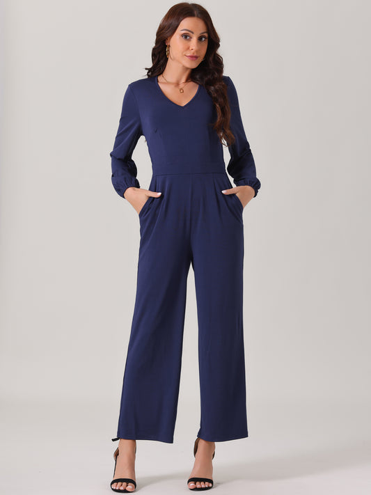 Women's V Neck Long Sleeve High Waist Wide Leg Casual Jumpsuits with Pockets