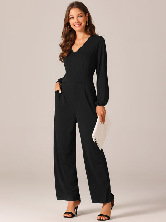 Women's V Neck Long Sleeve High Waist Wide Leg Casual Jumpsuits with Pockets