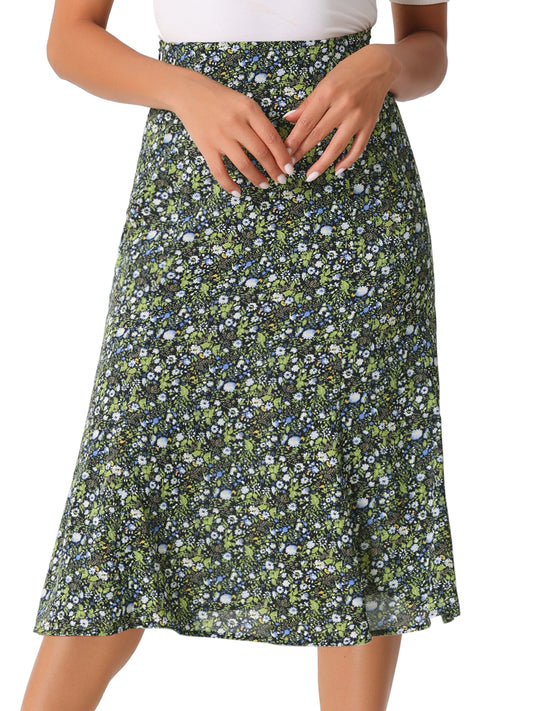 Women's Floral Midi Skirt Peasant Elastic Waist A-Line Ditsy Printed Skirts