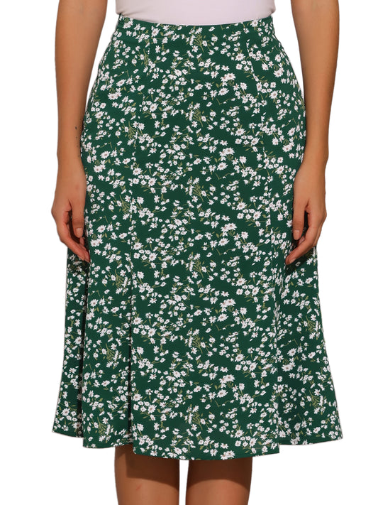 Falda midi floral para mujer, cintura elástica, corte A, estampado de florecitas