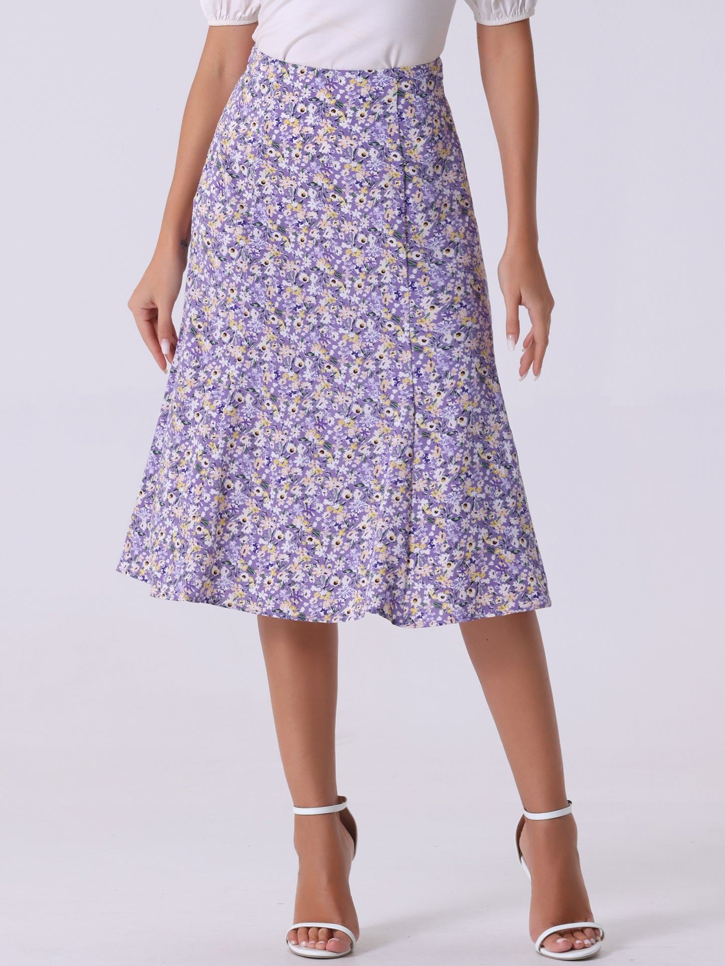 Women's Floral Midi Skirt Peasant Elastic Waist A-Line Ditsy Printed Skirts