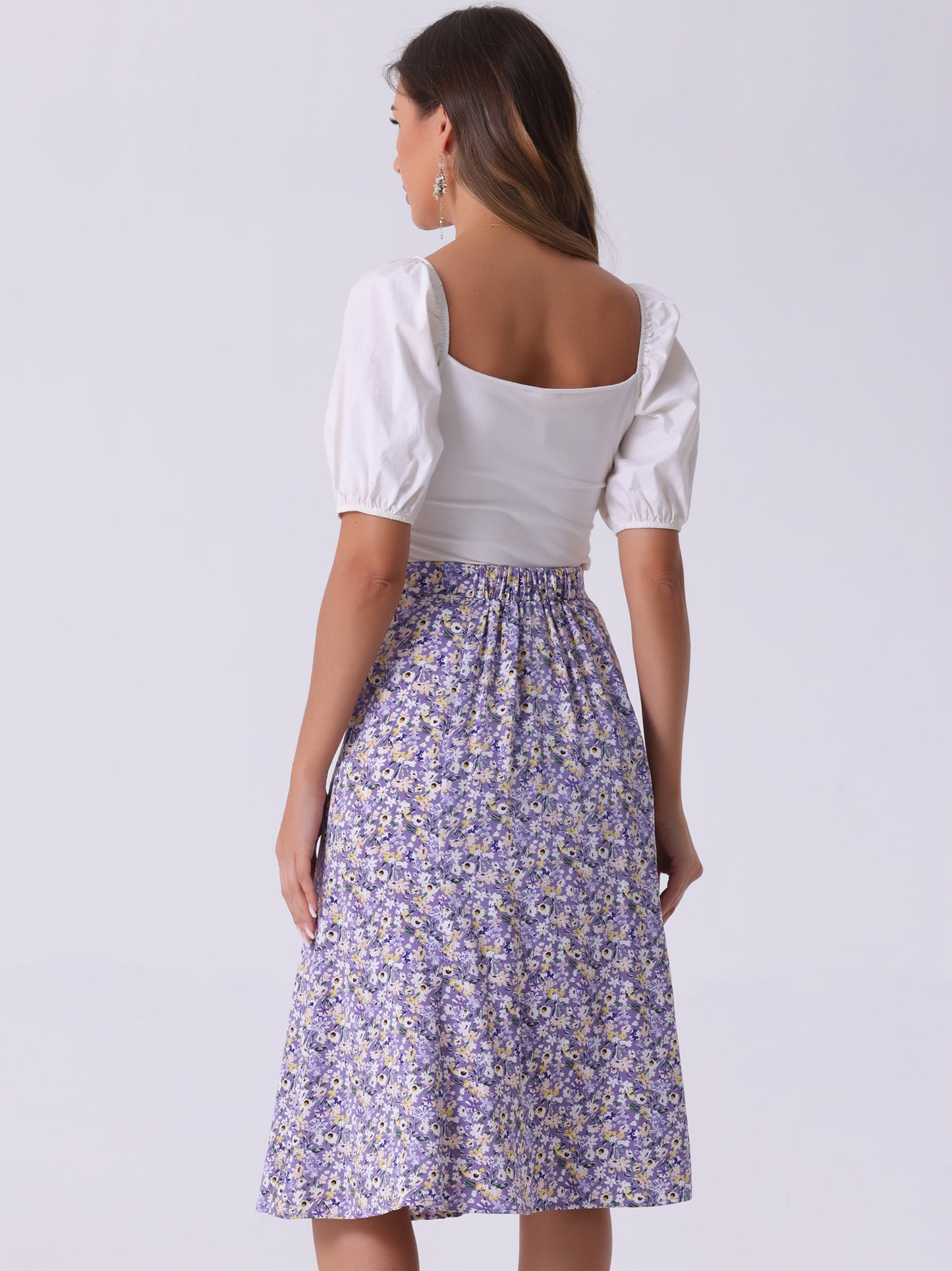 Women's Floral Midi Skirt Peasant Elastic Waist A-Line Ditsy Printed Skirts